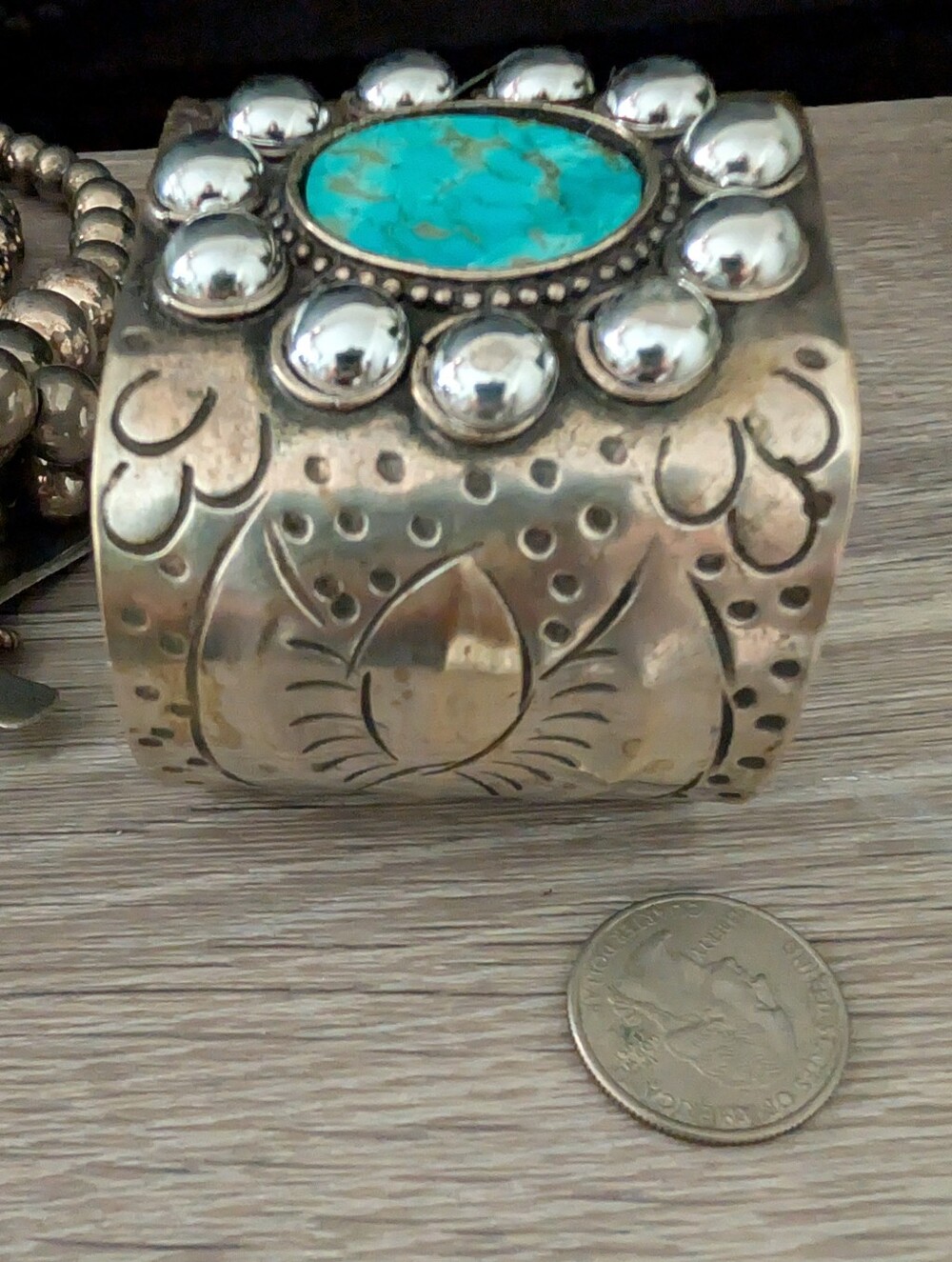Genuine Turquoise Stone Silver Mexican artisan Cuff - Picture 3 of 6